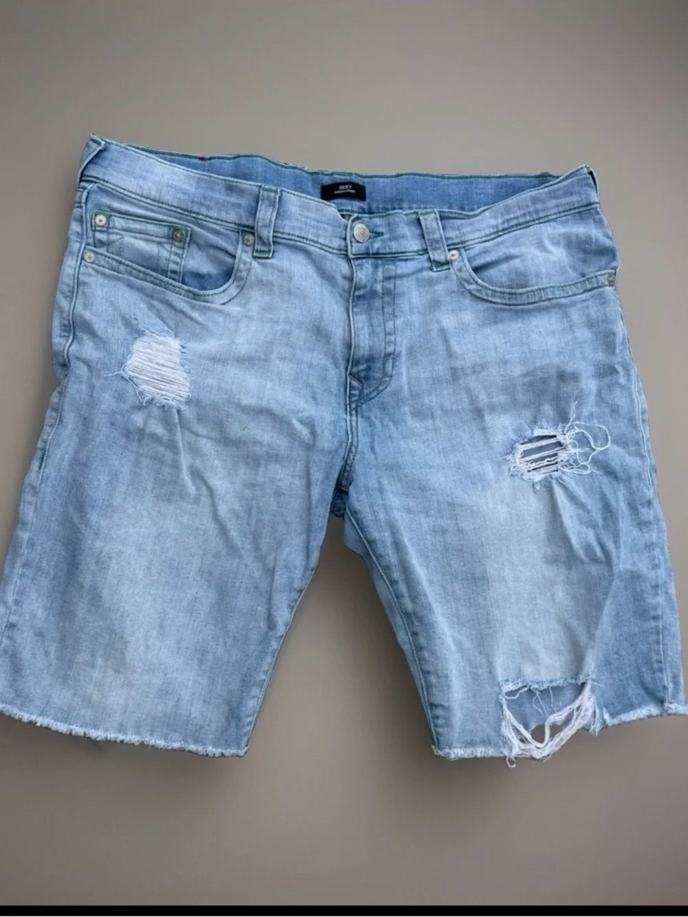 True Religion Ricky Relaxed Straight Light Blue Jeans with Green Stitching